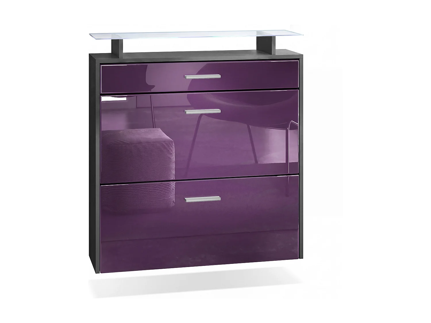 Scarpiera Vladon Malea, antracite opaco /violetto porpora lucido incl. LED - carrello appeso per 16 paia di scarpe (89 x 96 x 23 cm)