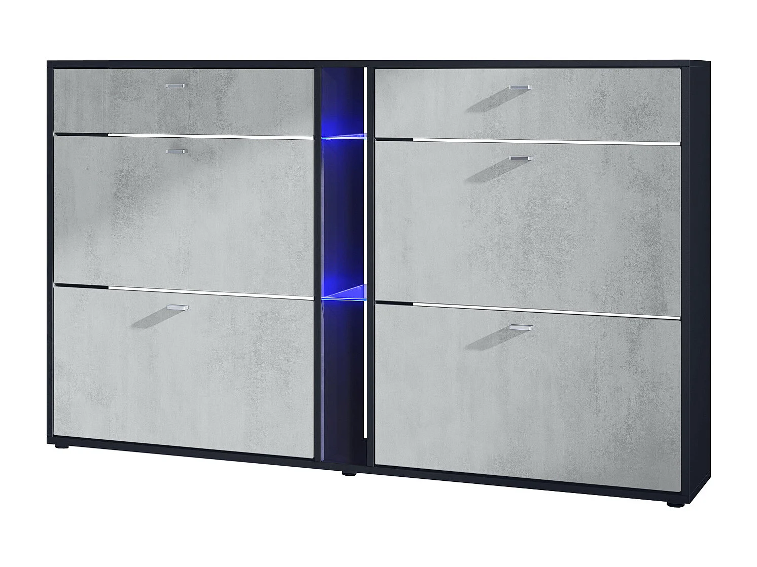 Scarpiera Today con 4 ante e 2 cassetti 155,5 x 95 x 28 cm, con illuminazione LED blu, struttura in nero opaco, frontali in ottica cermento ossido