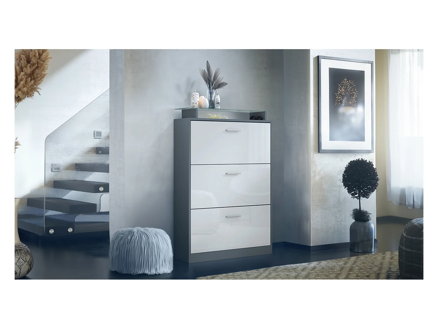 Armoire à chaussures Lavia, benne à chaussures pour 24 paires de chaussures avec 3 abattants et étagère en verre, / (89 x 128 x 23 cm)