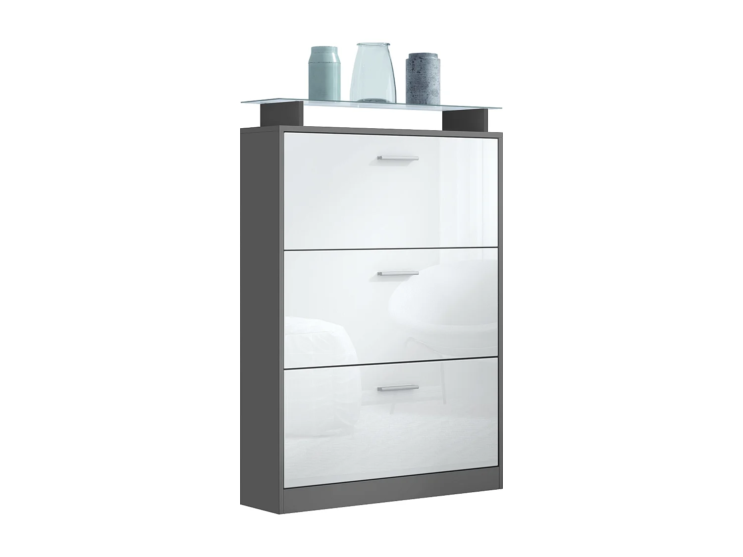 Scarpiera Lavia, Scarpiera a ribalta per 24 paia di scarpe con 3 ante a ribalta e ripiano in vetro, antracite opaco /bianco lucido (89 x 128 x 23 cm)