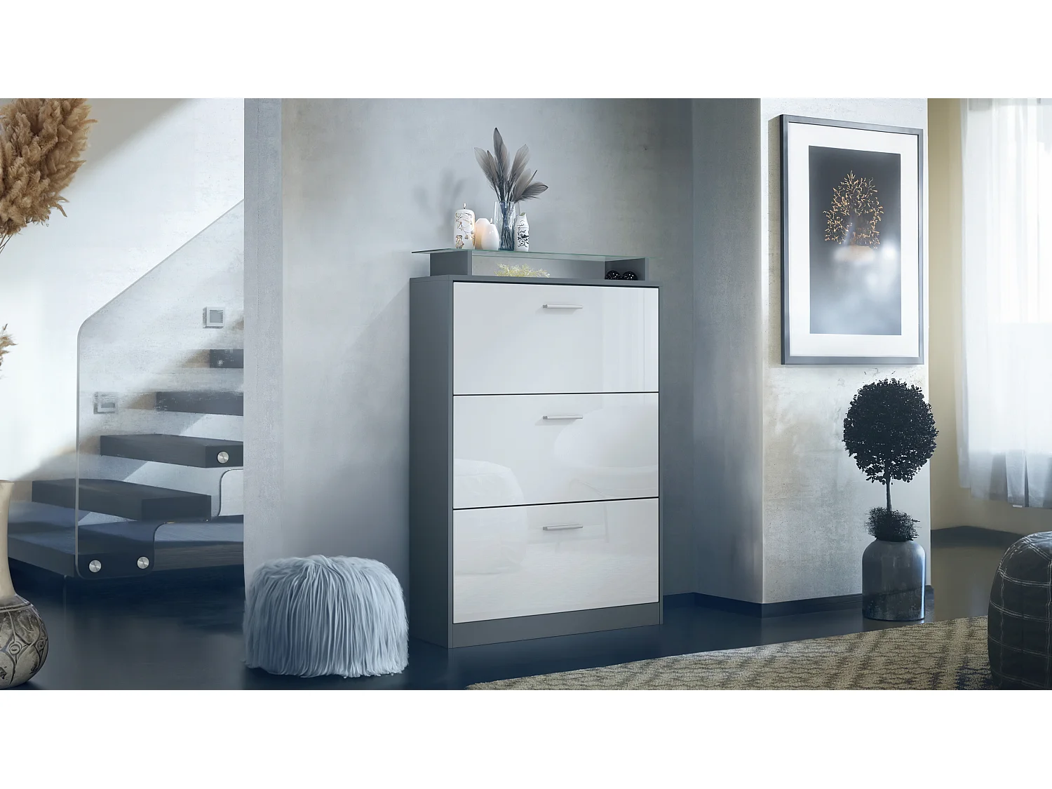 Scarpiera Lavia, Scarpiera a ribalta per 24 paia di scarpe con 3 ante a ribalta e ripiano in vetro, antracite opaco /bianco lucido (89 x 128 x 23 cm)