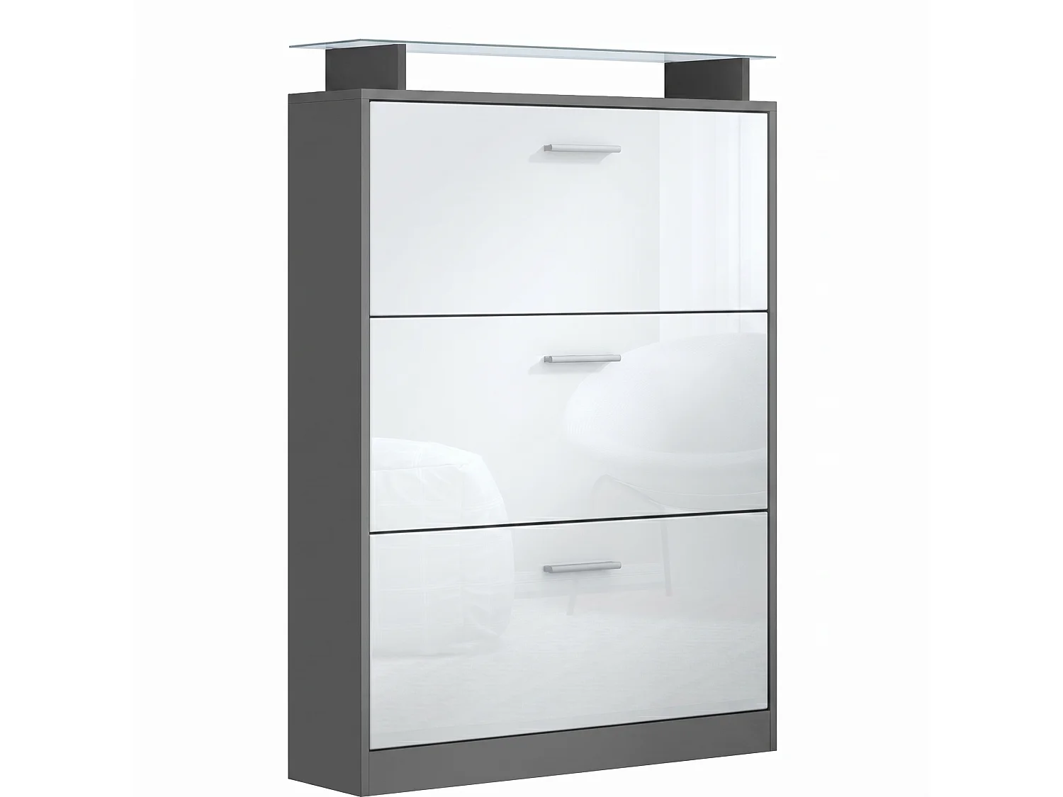 Armoire à chaussures Lavia, benne à chaussures pour 24 paires de chaussures avec 3 abattants et étagère en verre, / (89 x 128 x 23 cm)