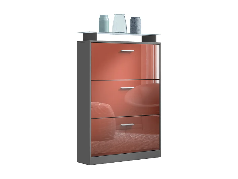 Zapatero Lavia, Zapatero para 24 pares de zapatos con 3 compartimentos abatibles y estante de vidrio, antracita mate/burdeos de alto brillo (89 x 128 x 23 cm)