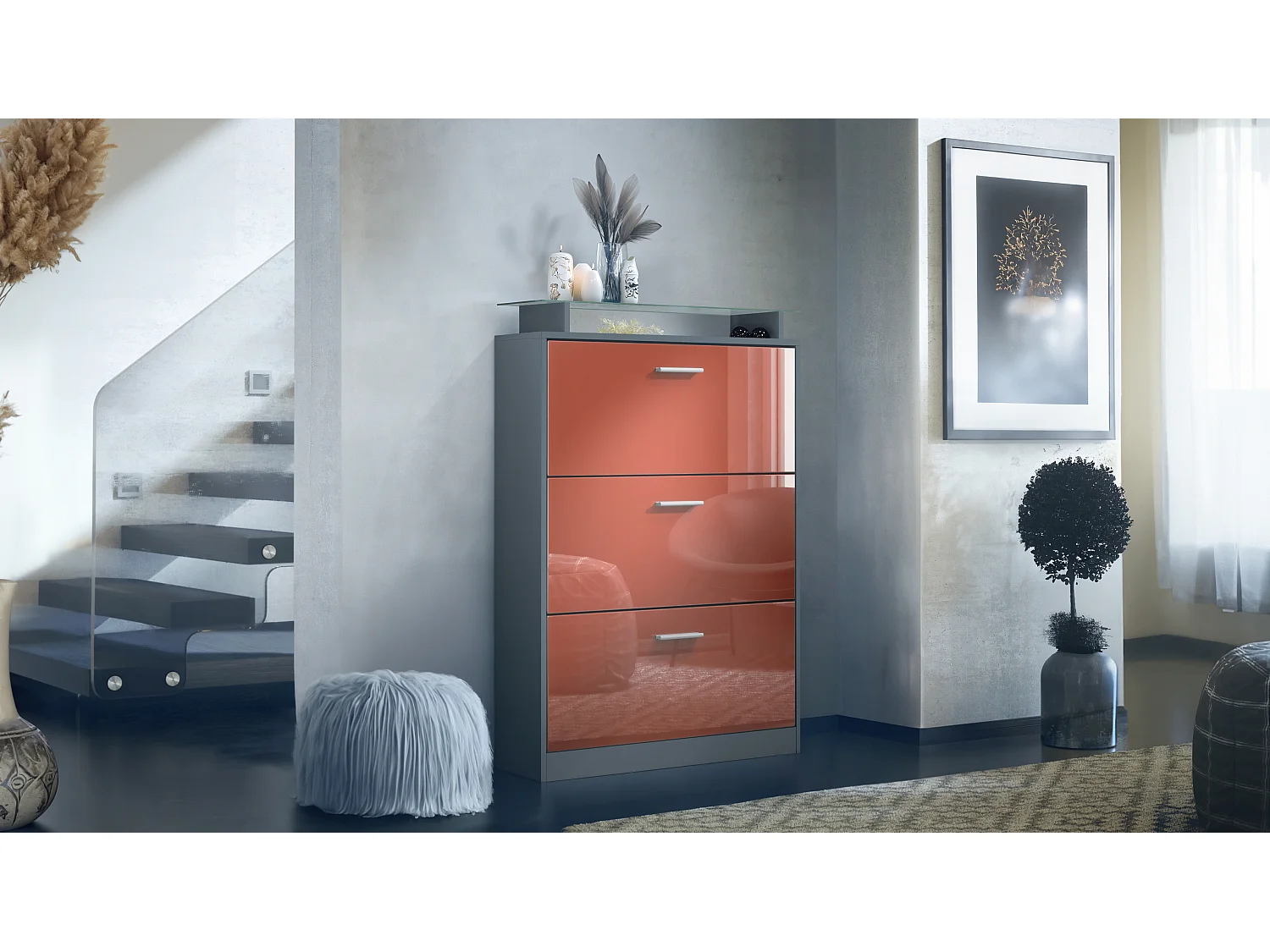 Scarpiera Lavia, Scarpiera a ribalta per 24 paia di scarpe con 3 ante a ribalta e ripiano in vetro, antracite opaco /bordeaux lucido (89 x 128 x 23 cm)