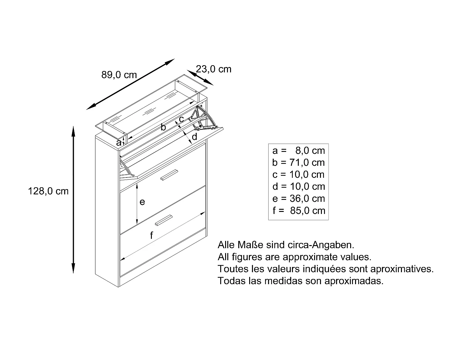 Scarpiera Lavia, Scarpiera a ribalta per 24 paia di scarpe con 3 ante a ribalta e ripiano in vetro, antracite opaco /bordeaux lucido (89 x 128 x 23 cm)