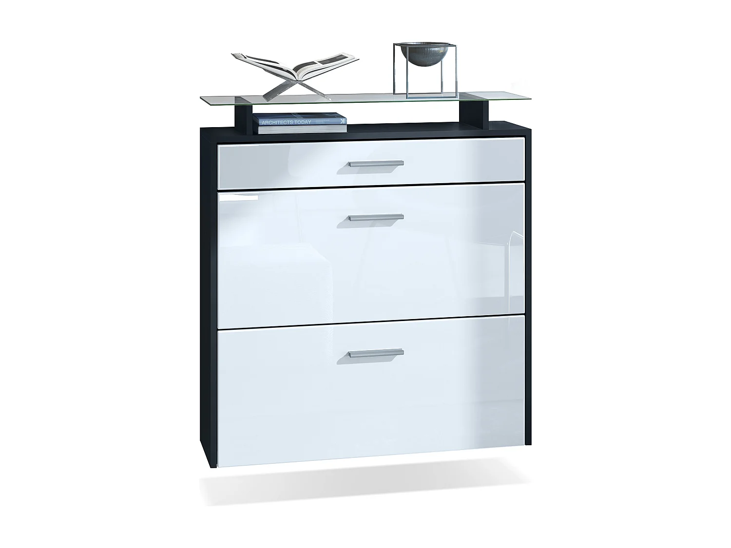 Meuble chaussures Malea, Armoire à chaussures murale pour 16 paires avec 2 clapets, 1 tiroir, Noir mat/Blanc brillant  (89 x 96 x 23 cm)