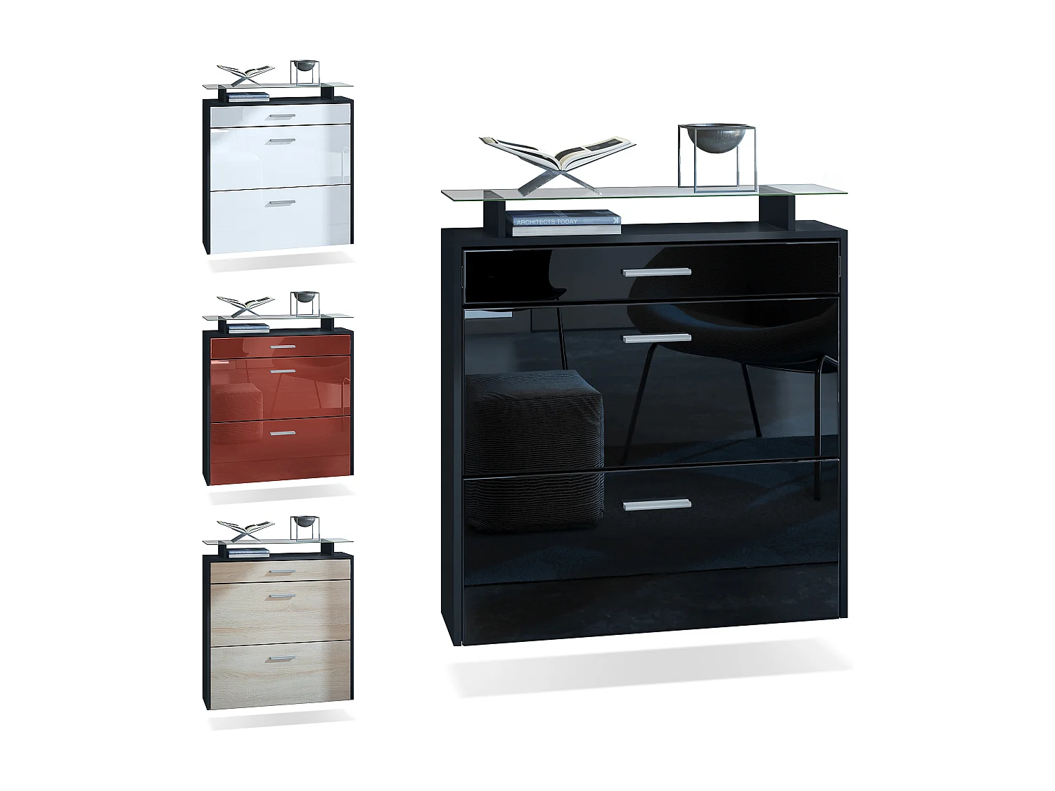 Meuble chaussures Malea, Armoire à chaussures murale pour 16 paires avec 2 clapets, 1 tiroir, Noir mat/Blanc brillant  (89 x 96 x 23 cm)