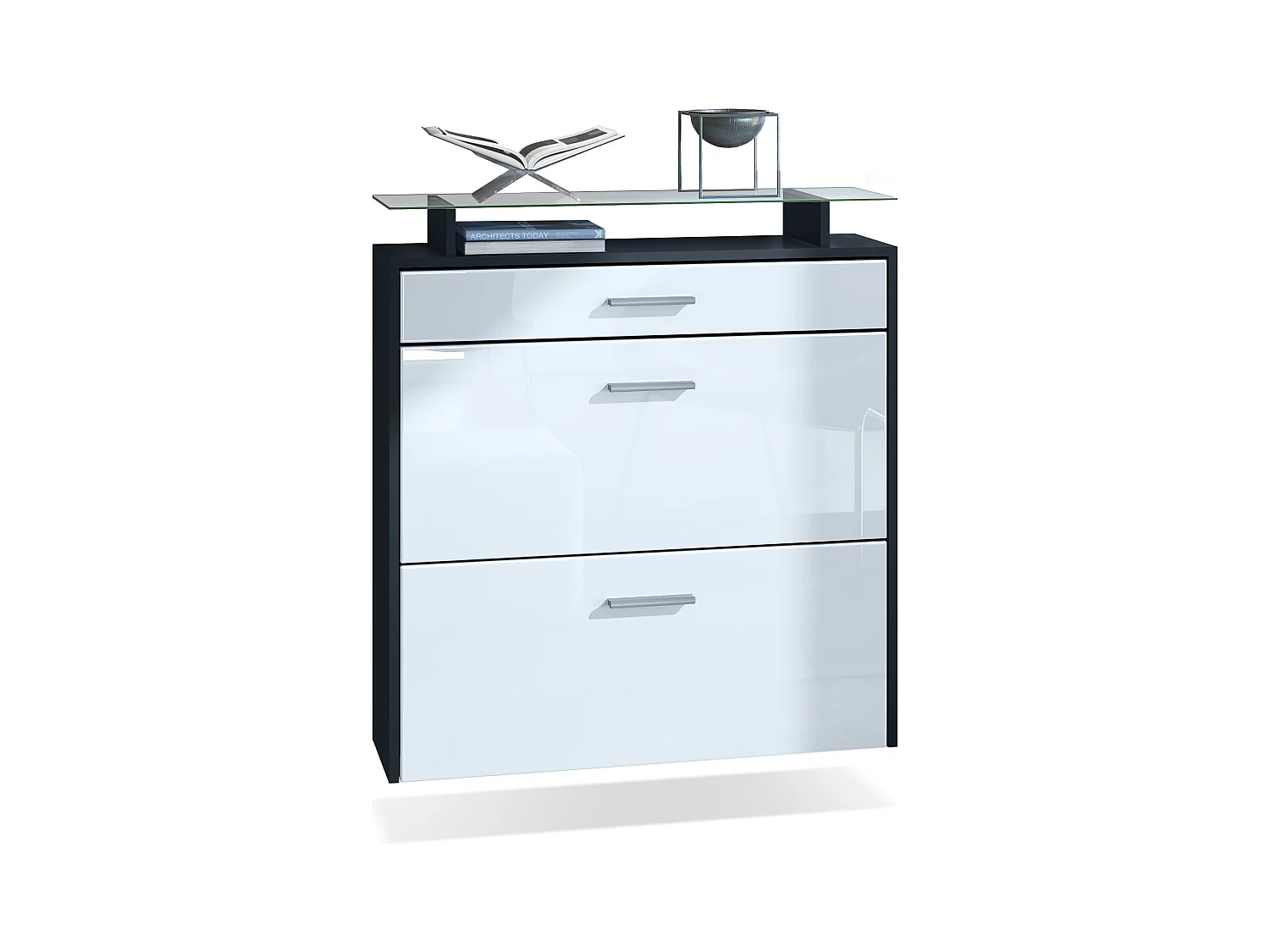 Meuble chaussures Malea, Armoire à chaussures murale pour 16 paires avec 2 clapets, 1 tiroir, Noir mat/Blanc brillant  (89 x 96 x 23 cm)
