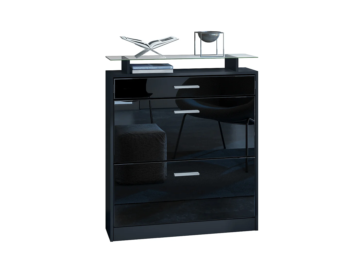 Meuble chaussure Loret, Étagère à chaussures pour 16 paires de chaussures avec 2 clapets à bascule, 1 tiroir, Noir mat/Blanc brillant (89 x 104 x 23 cm)