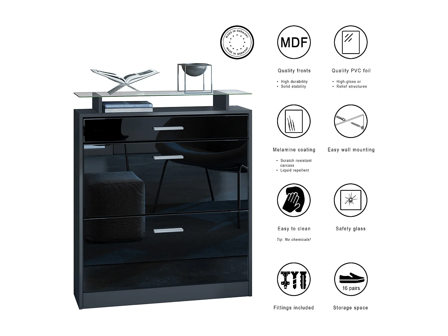 Meuble chaussure Loret, Étagère à chaussures pour 16 paires de chaussures avec 2 clapets à bascule, 1 tiroir, Noir mat/Blanc brillant (89 x 104 x 23 cm)