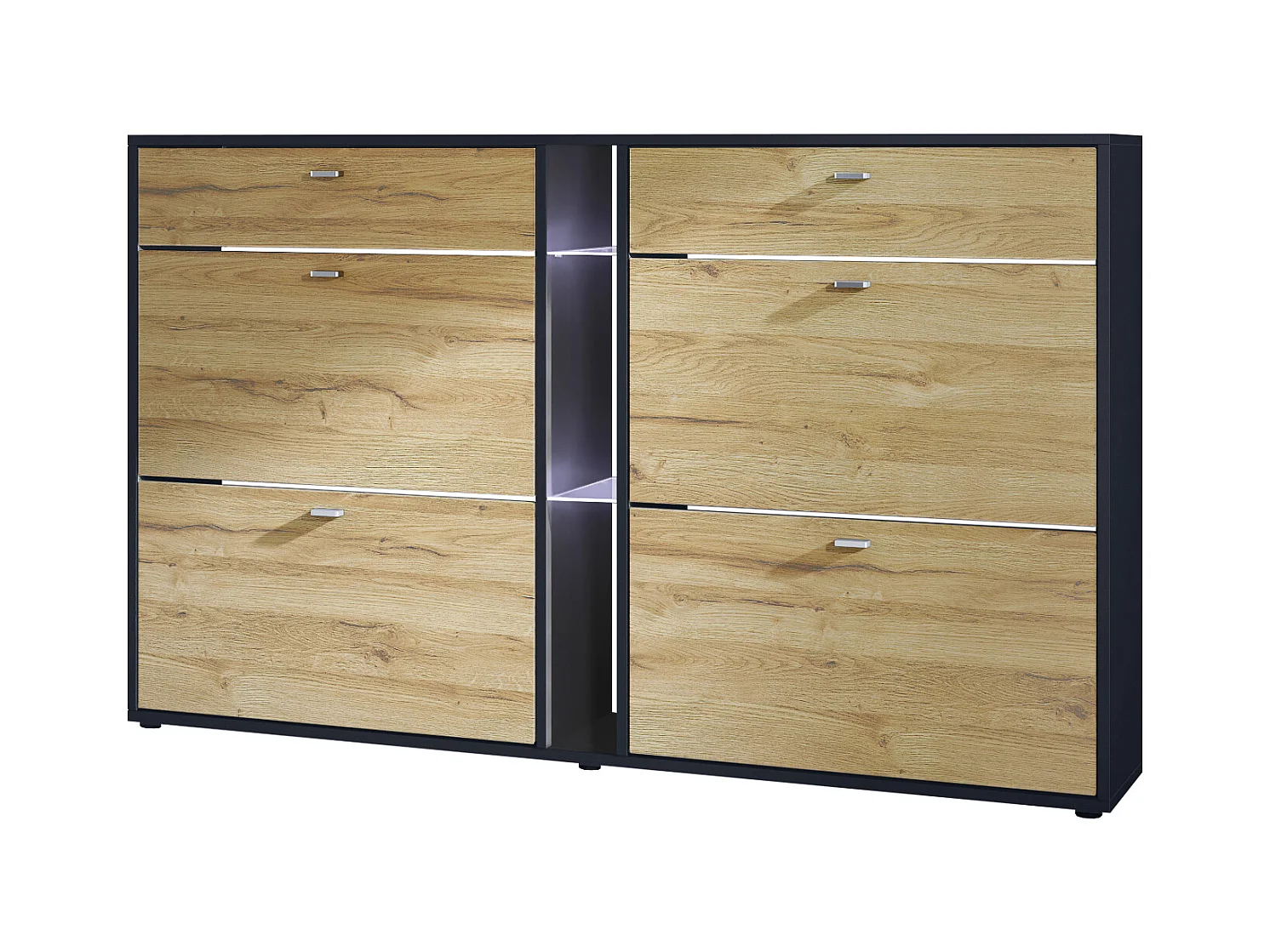 Meuble à chaussures à bascule Today 155,5 x 95 x 28 cm, avec un éclairage LED blanc, corps en Noir mat, façades en chêne nature