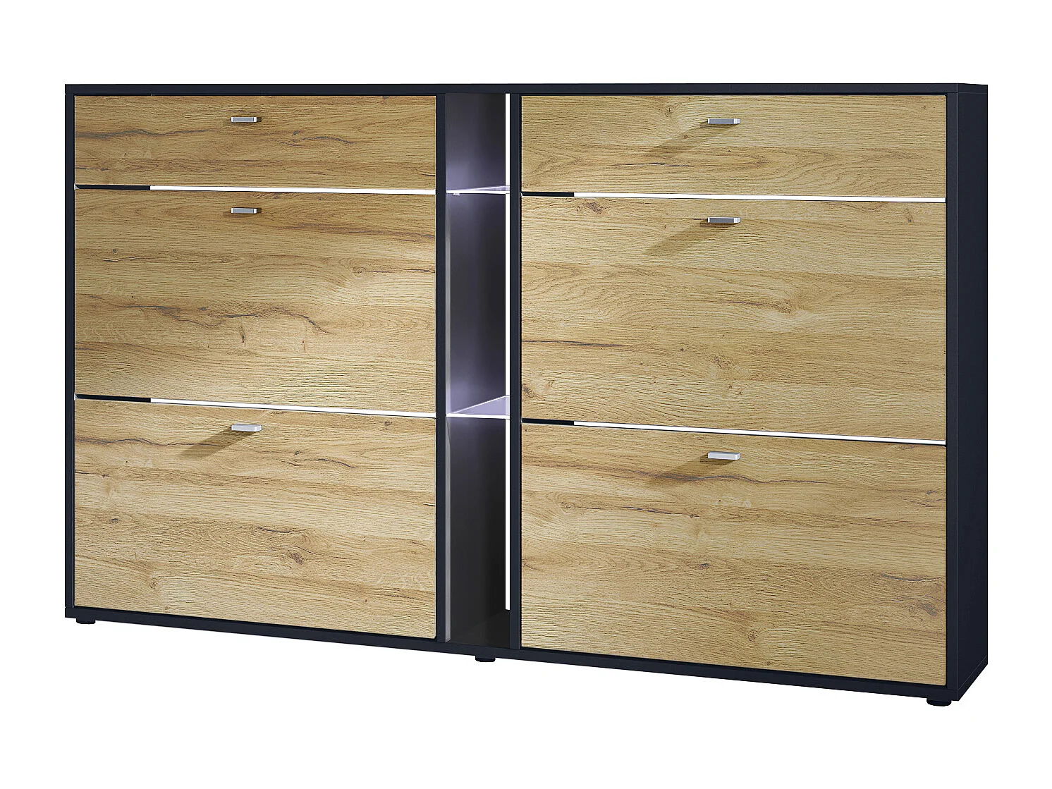 Scarpiera Today con 4 ante e 2 cassetti 155,5 x 95 x 28 cm, con illuminazione LED bianca, struttura in nero opaco, frontali in rovere naturale