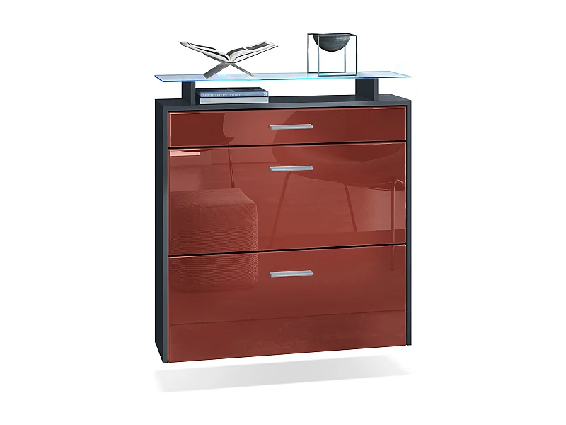 Armoire à chaussures Malea de , anthracite mat/bordeaux brillant y compris LED - basculeur à chaussures suspendu pour 16 paires de chaussures (89 x 96 x 23 cm)