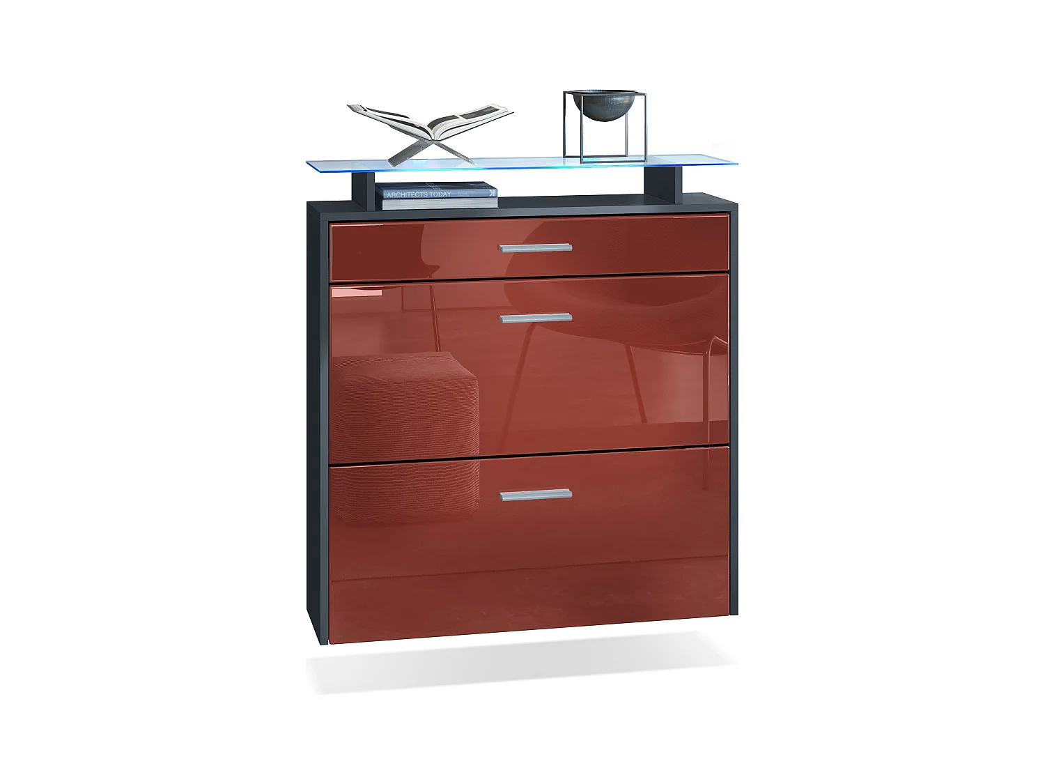 Armoire à chaussures Malea de , anthracite mat/bordeaux brillant y compris LED - basculeur à chaussures suspendu pour 16 paires de chaussures (89 x 96 x 23 cm)