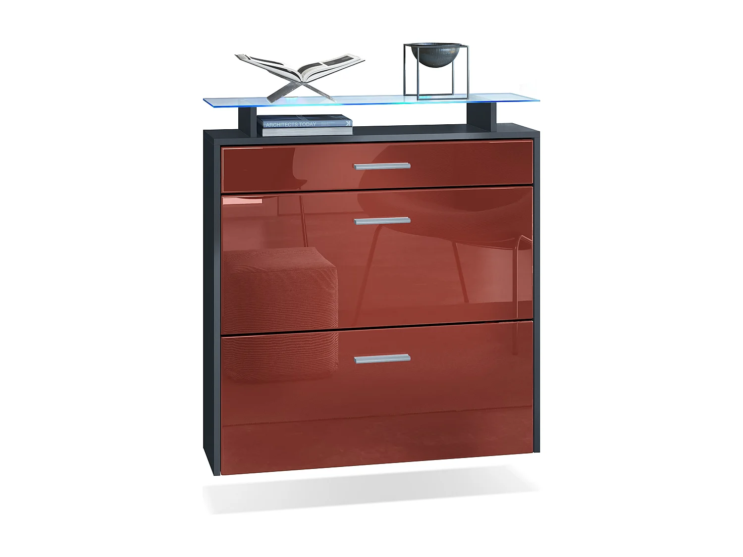 Scarpiera Vladon Malea, antracite opaco /bordeaux lucido incl. LED - carrello appeso per 16 paia di scarpe (89 x 96 x 23 cm)