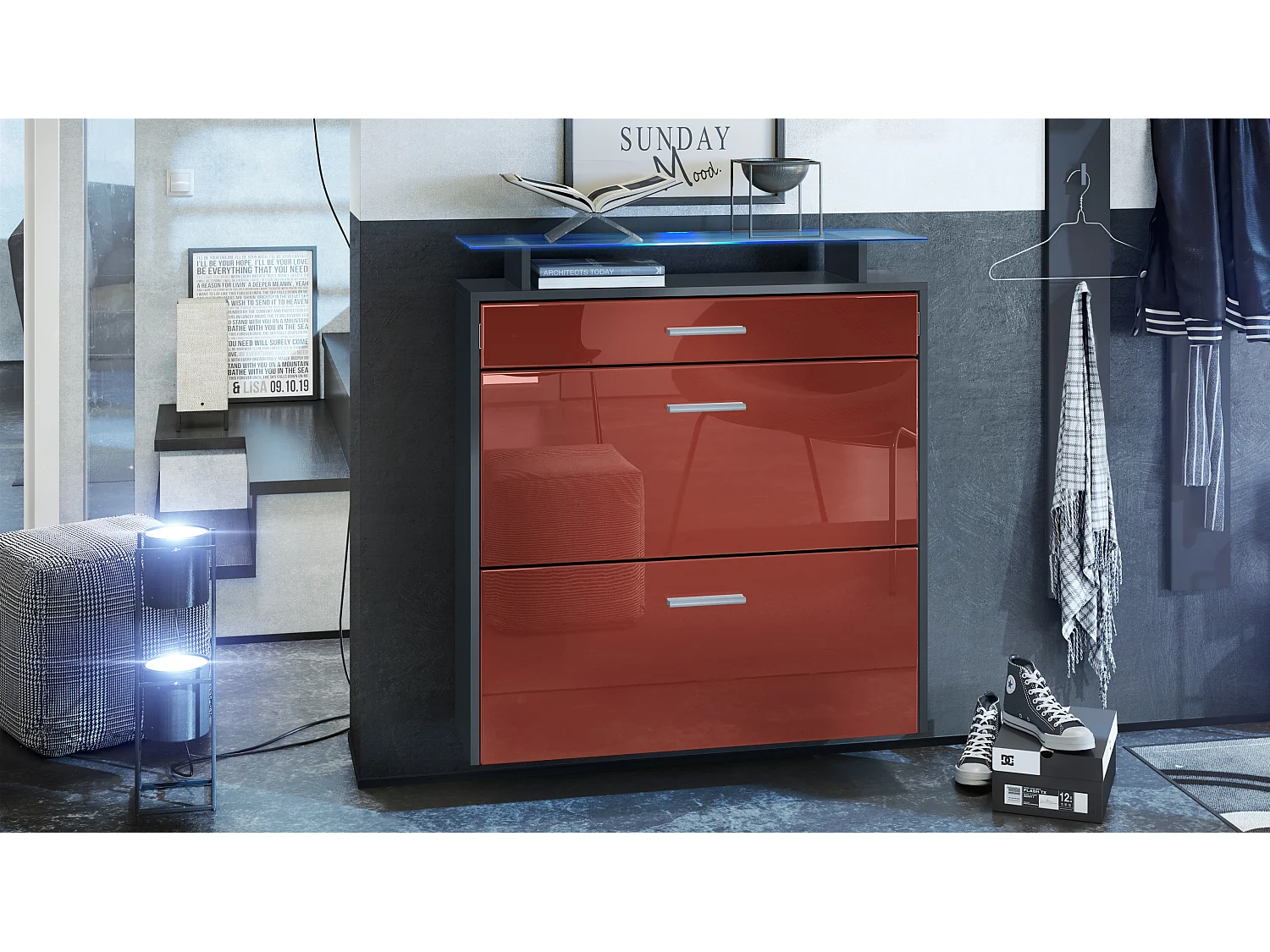 Scarpiera Vladon Malea, antracite opaco /bordeaux lucido incl. LED - carrello appeso per 16 paia di scarpe (89 x 96 x 23 cm)