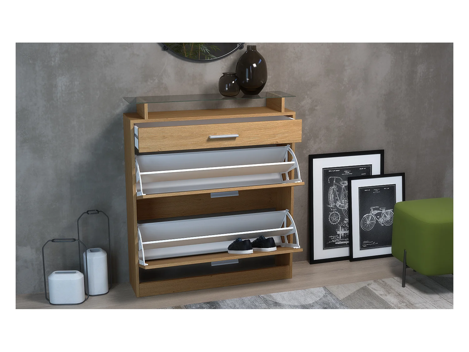 Meuble à Chaussures Loret – Rangement pour 16 Paires avec 1 Tiroir, Étagère à Chaussures en Chêne Scandi / Chêne Scandi (89 x 104 x 23 cm)