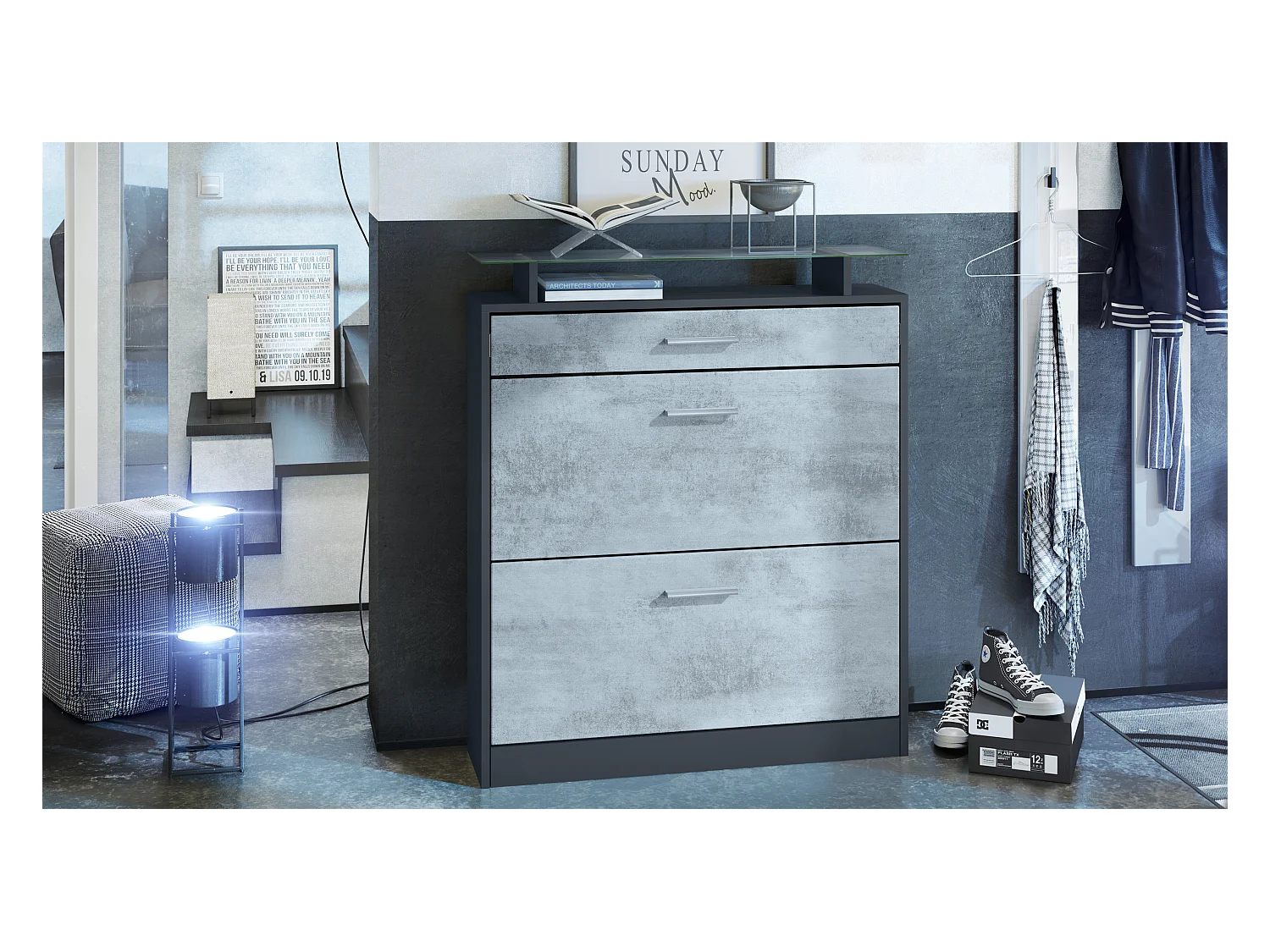 Meuble à chaussures Loret 89 x 104 x 23 cm pour 16 paires de chaussures, caisson en Anthracite mat et façades en Aspect Béton Oxyde