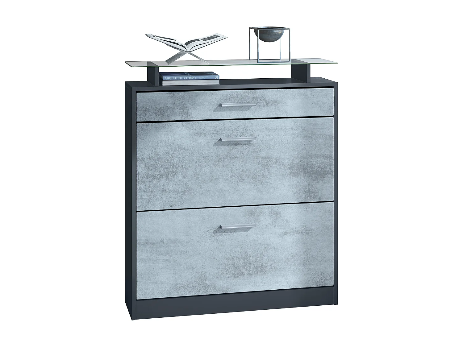 Scarpiera Loret 89 x 104 x 23 cm per 16 paia di scarpe, con ripiano in vetro, struttura in antracite opaco, frontale in ossido di grigio cemento.