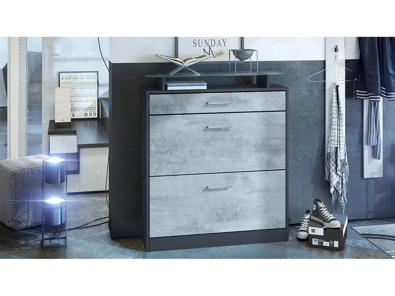 Scarpiera Loret 89 x 104 x 23 cm per 16 paia di scarpe, con ripiano in vetro, struttura in antracite opaco, frontale in ossido di grigio cemento.