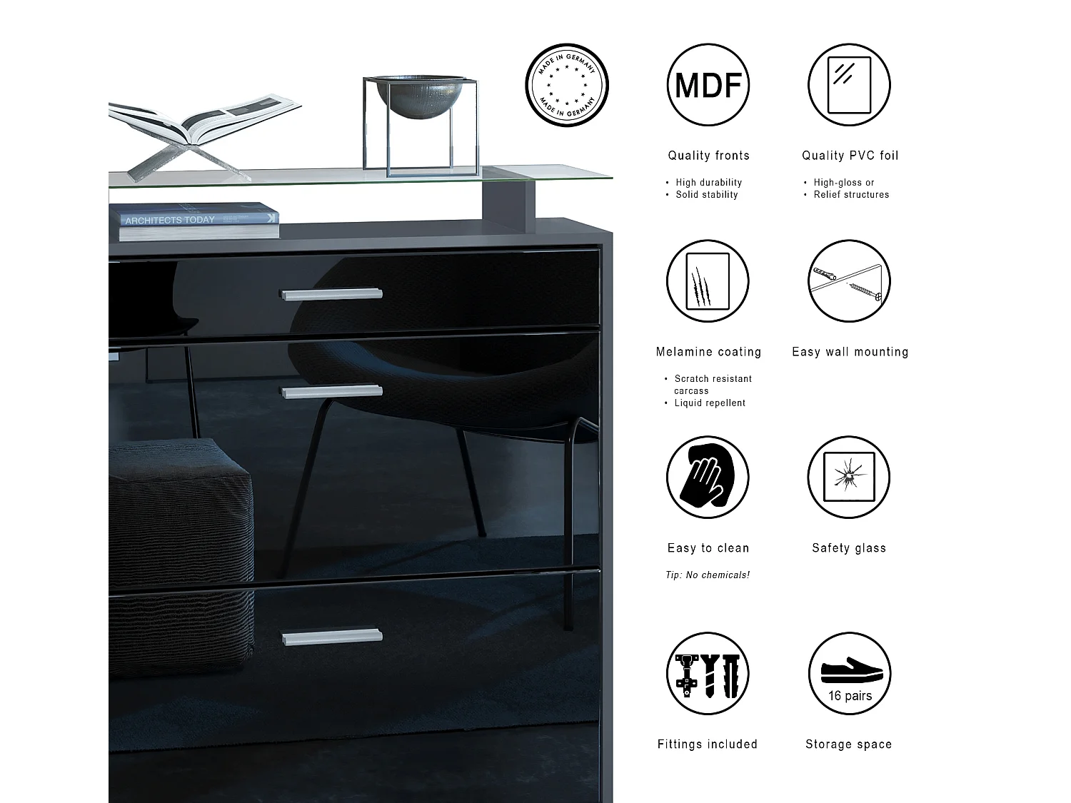 Scarpiera Loret 89 x 104 x 23 cm per 16 paia di scarpe, con ripiano in vetro, struttura in antracite opaco, frontale in ossido di grigio cemento.