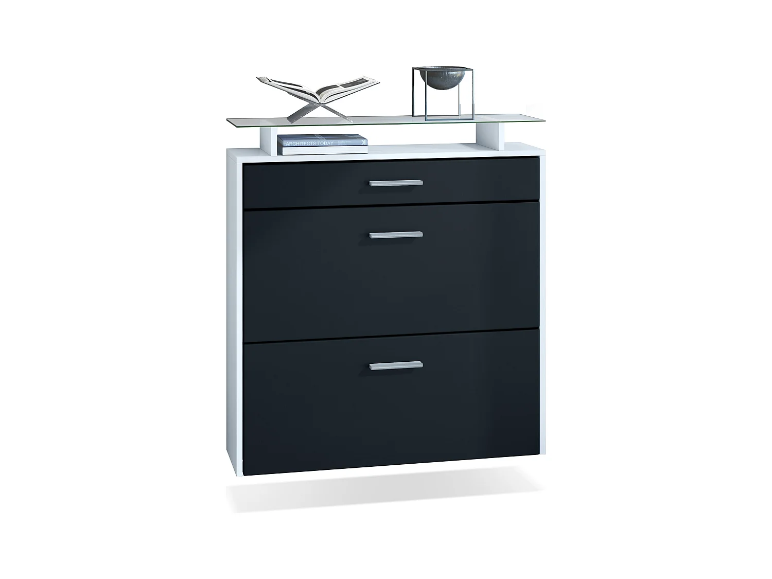 Malea, scarpiera a muro per 16 paia di scarpe con 2 ante a ribalta e 1 cassetto e ripiano in vetro, bianco opaco/nero opaco (89 x 96 x 23 cm)