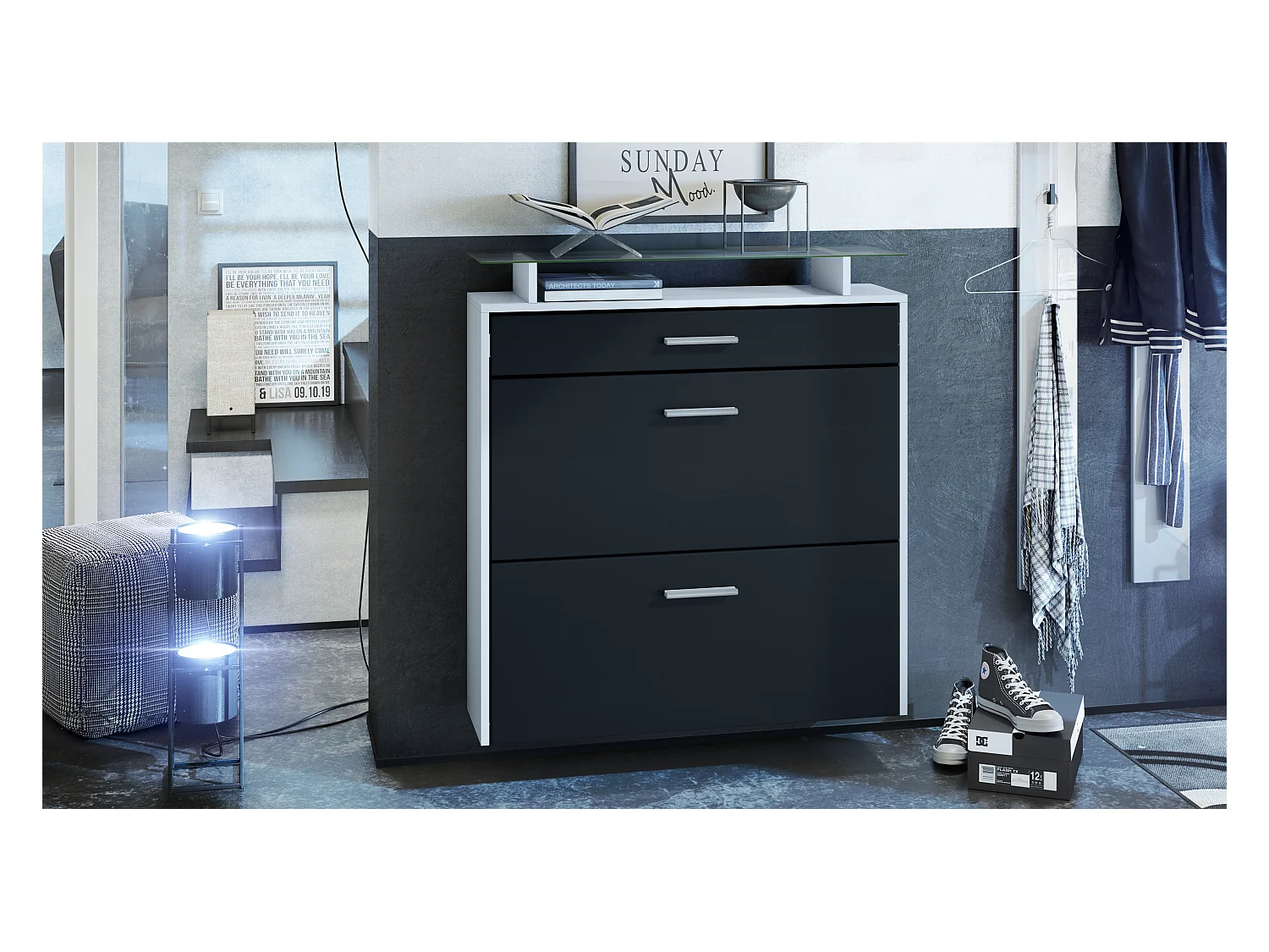 Meuble chaussures Malea, Armoire à chaussures murale pour 16 paires avec 2 clapets, 1 tiroir et 1 tablette en verre, Blanc mat/Noir mat  (89 x 96 x 23 cm)