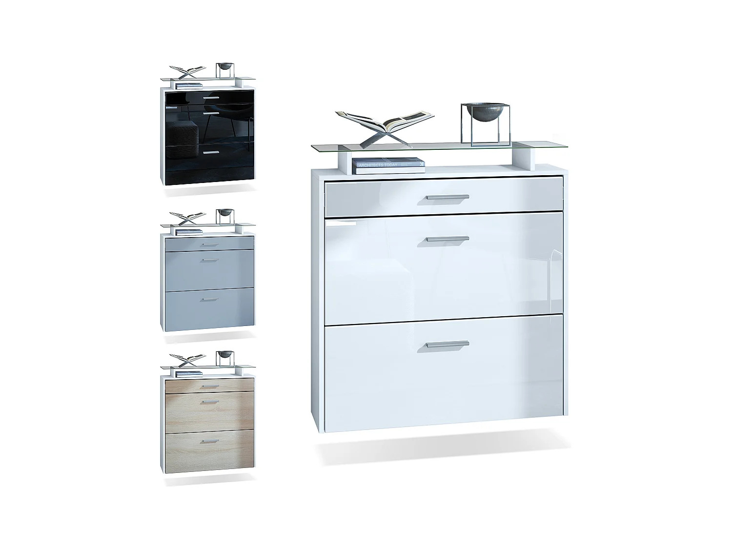 Meuble chaussures Malea, Armoire à chaussures murale pour 16 paires avec 2 clapets, 1 tiroir et 1 tablette en verre, Blanc mat/Noir mat  (89 x 96 x 23 cm)