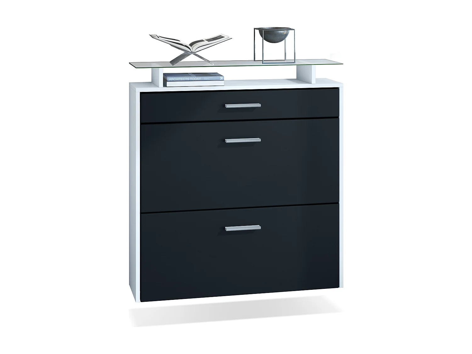 Meuble chaussures Malea, Armoire à chaussures murale pour 16 paires avec 2 clapets, 1 tiroir et 1 tablette en verre, Blanc mat/Noir mat  (89 x 96 x 23 cm)