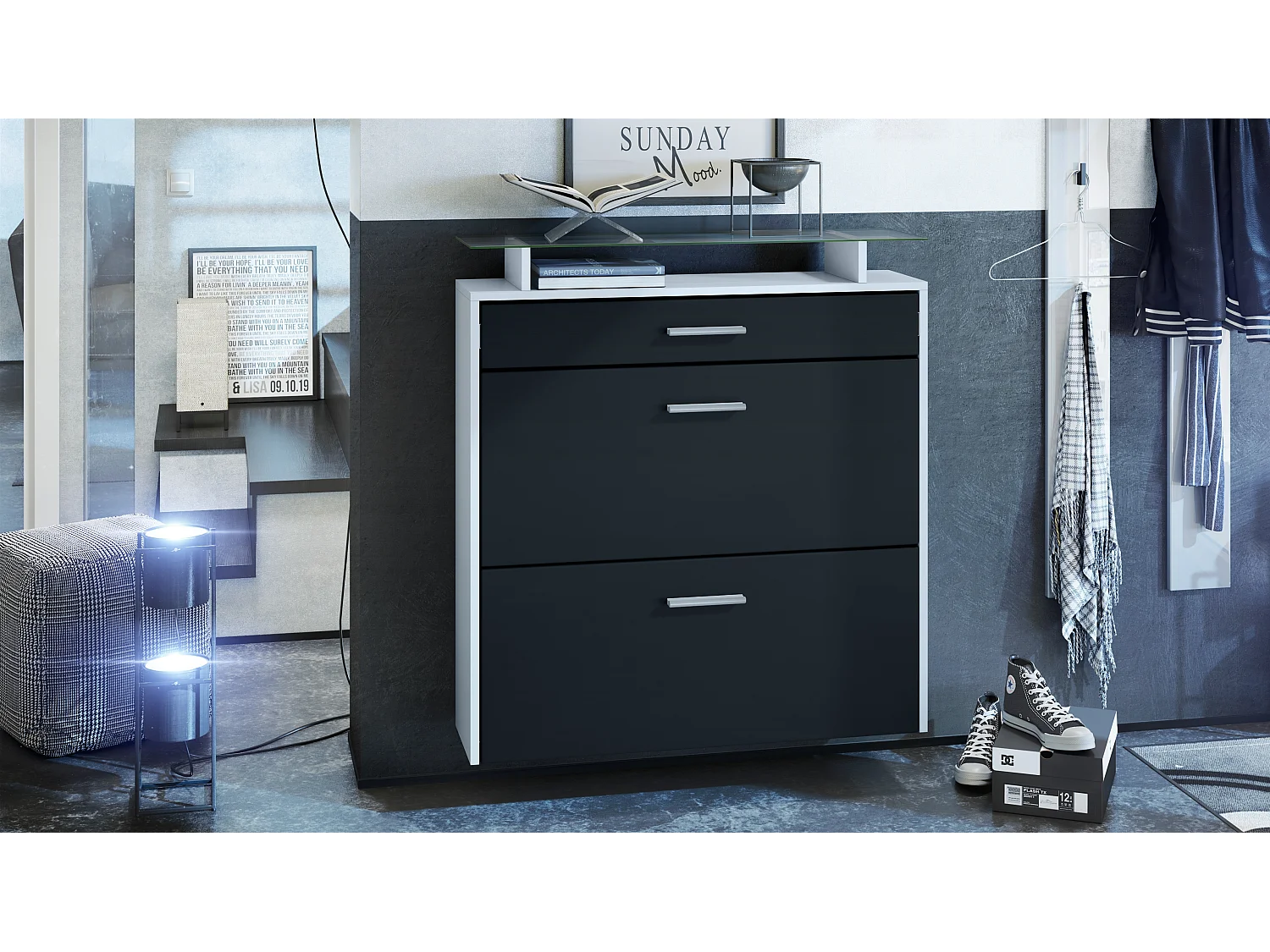 Meuble chaussures Malea, Armoire à chaussures murale pour 16 paires avec 2 clapets, 1 tiroir et 1 tablette en verre, Blanc mat/Noir mat  (89 x 96 x 23 cm)