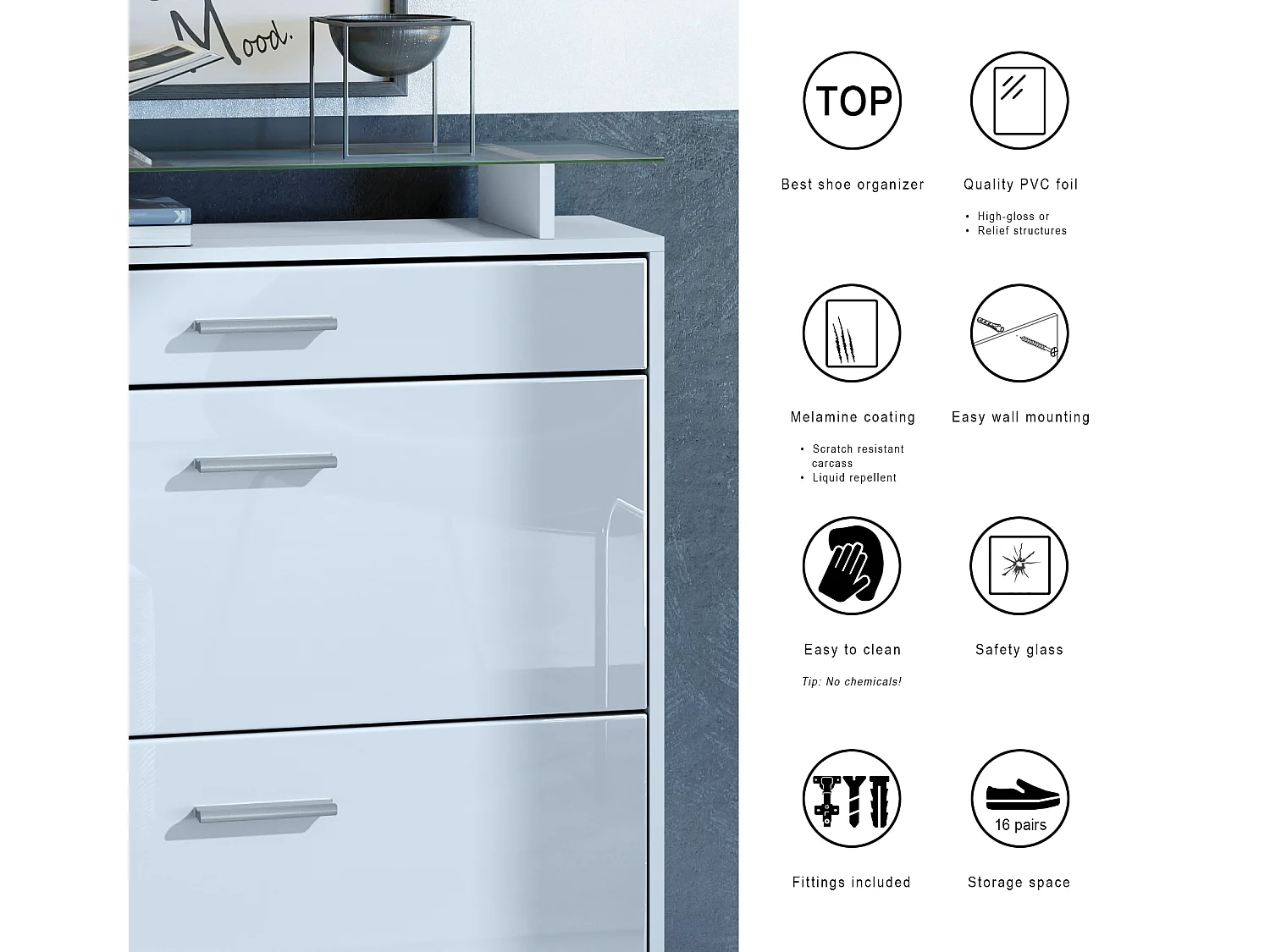 Meuble chaussures Malea, Armoire à chaussures murale pour 16 paires avec 2 clapets, 1 tiroir et 1 tablette en verre, Blanc mat/Noir mat  (89 x 96 x 23 cm)