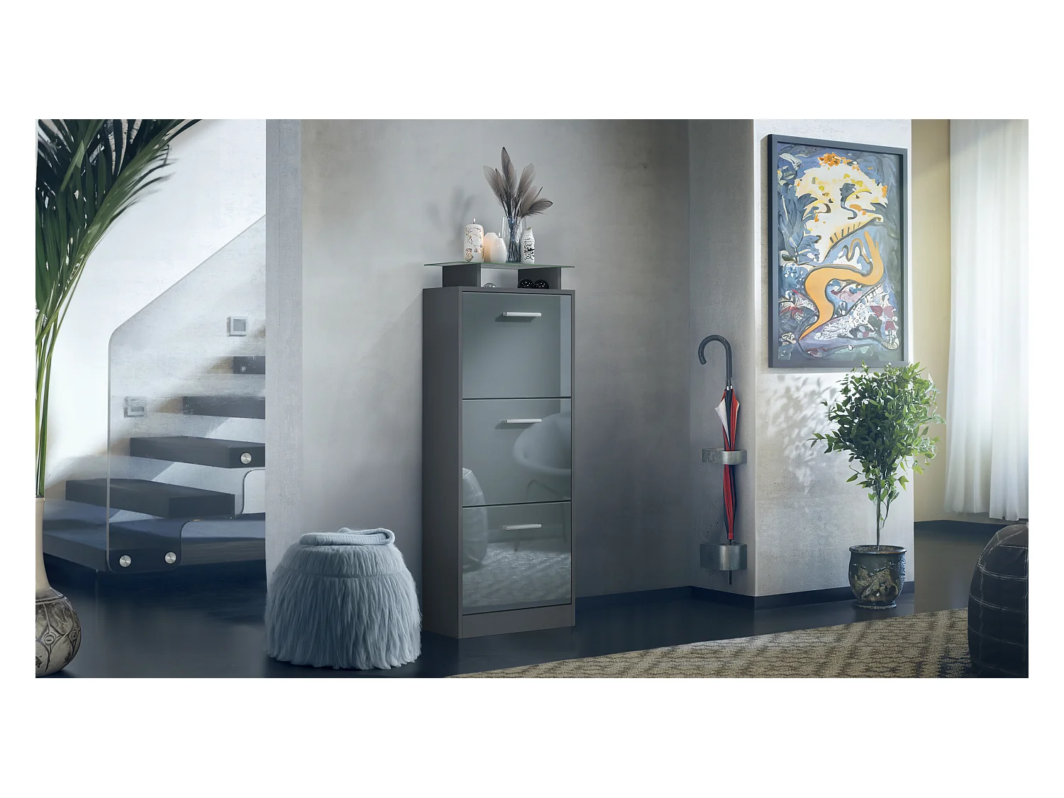 Meuble à Chaussures Lavia V2, Range-Chaussures pour 12 Paires avec 3 Abattants et Étagère en Verre, anthracite mat/gris haute brillance (46 x 128 x 23 cm)