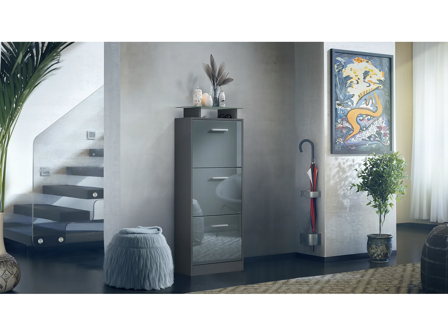 Vladon Scarpiera Lavia V2, Scarpiera per 12 Paia di Scarpe con 3 Ribalte e Mensola in Vetro, antracite opaco /grigio lucido (46 x 128 x 23 cm)