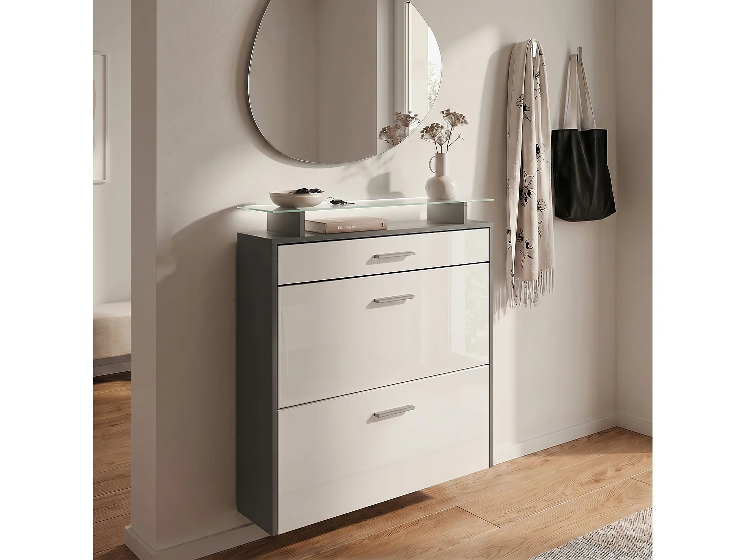 Armoire à chaussures Malea de , anthracite mat/blanc mat y compris LED - basculeur à chaussures suspendu pour 16 paires de chaussures (89 x 96 x 23 cm)