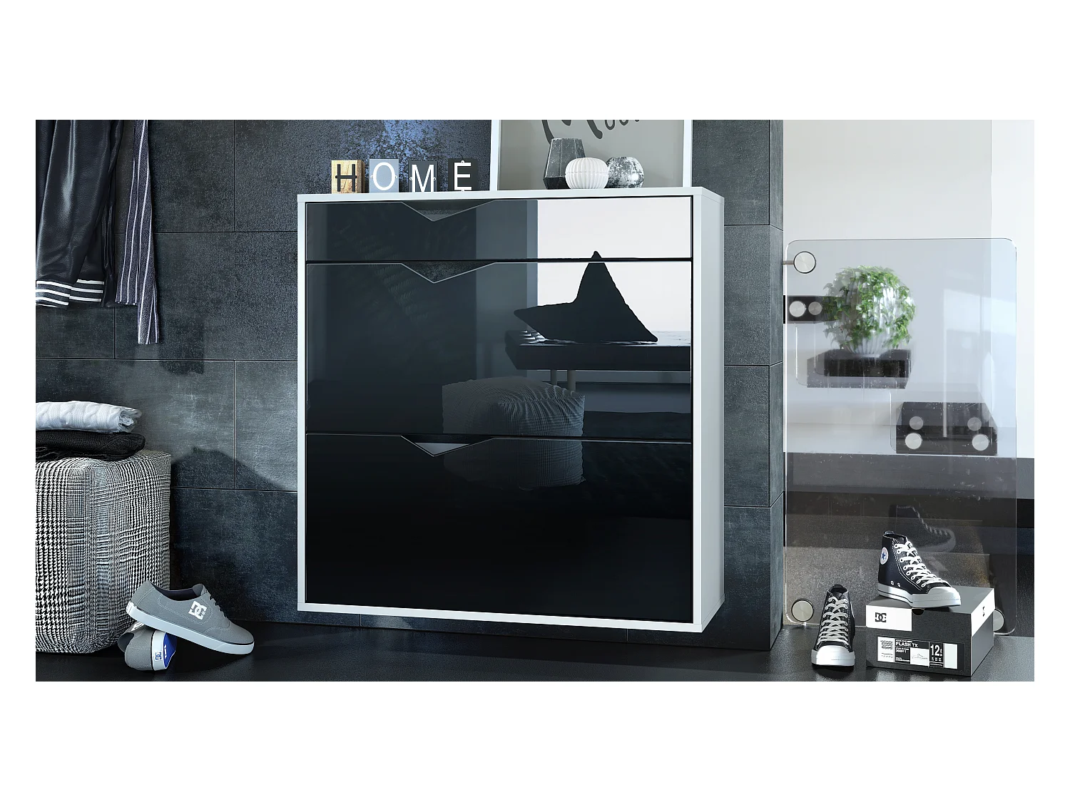 Armoire à chaussures Kolmio 85 x 87 x 33 cm, corps en blanc mat, façades en Noir haute brillance | Grand choix de couleurs