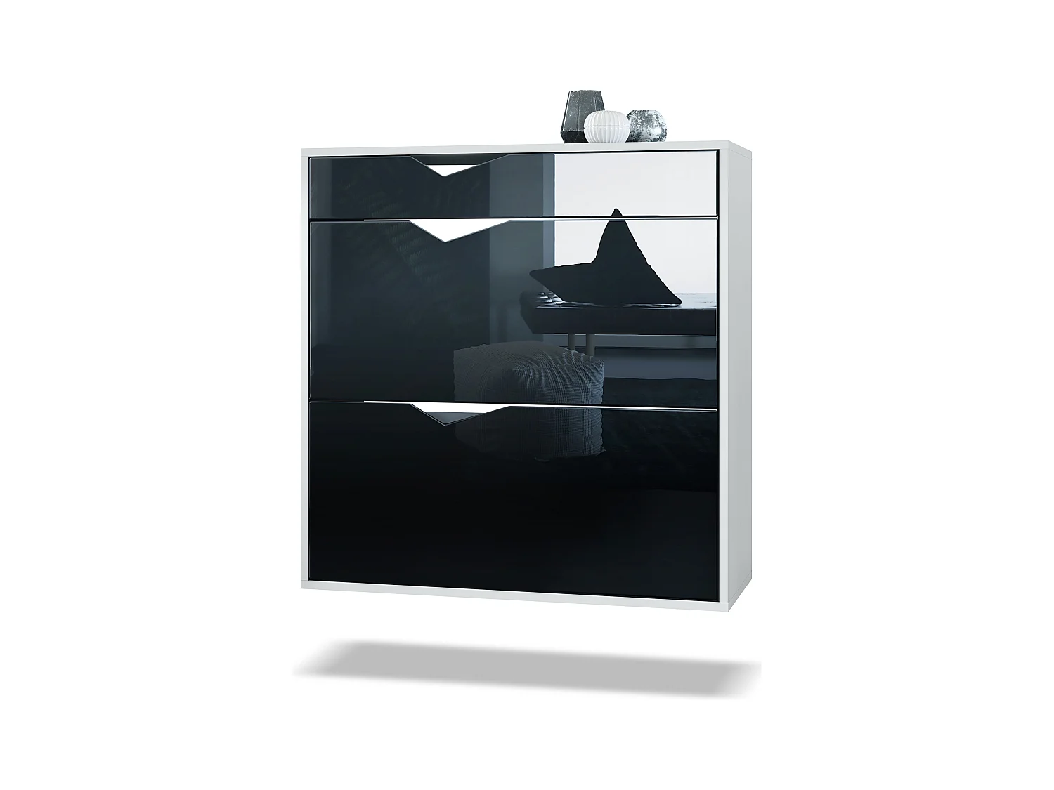Zapatero Kolmio 85 x 87 x 33 cm, cuerpo en blanco mate, frentes en Negro de alto brillo | Amplia selección de colores