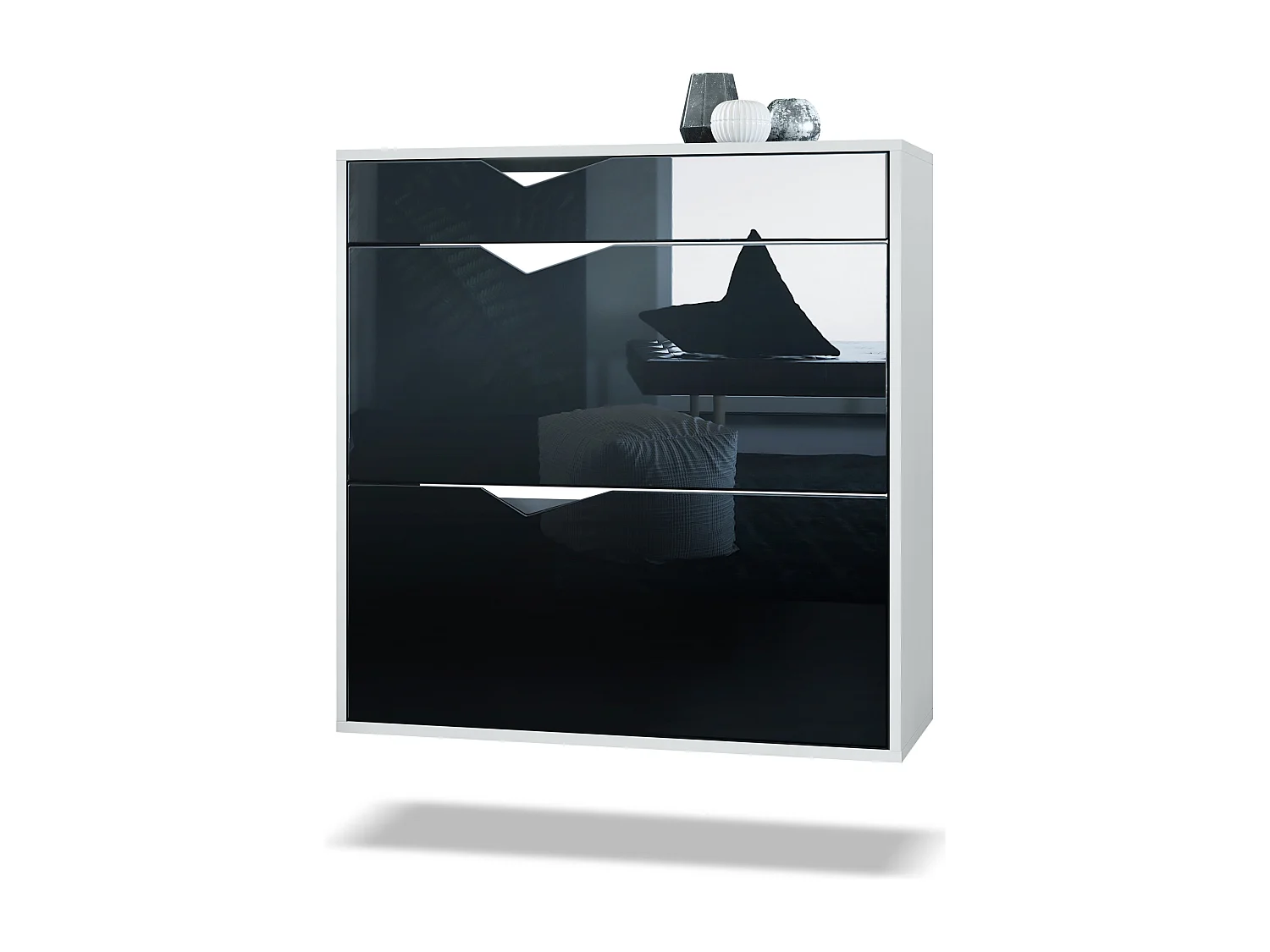 Scarpiera Kolmio 85 x 87 x 33 cm, struttura in bianco opaco, frontali in nero lucido | Vasta scelta di colori