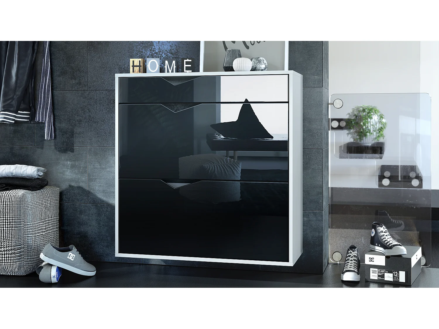 Scarpiera Kolmio 85 x 87 x 33 cm, struttura in bianco opaco, frontali in nero lucido | Vasta scelta di colori