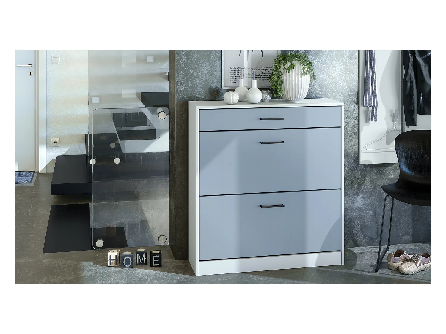 Armoire à chaussures inclinable Elvas 89 x 95,5 x 27 cm, caisson en blanc mat, façade en Denim mat