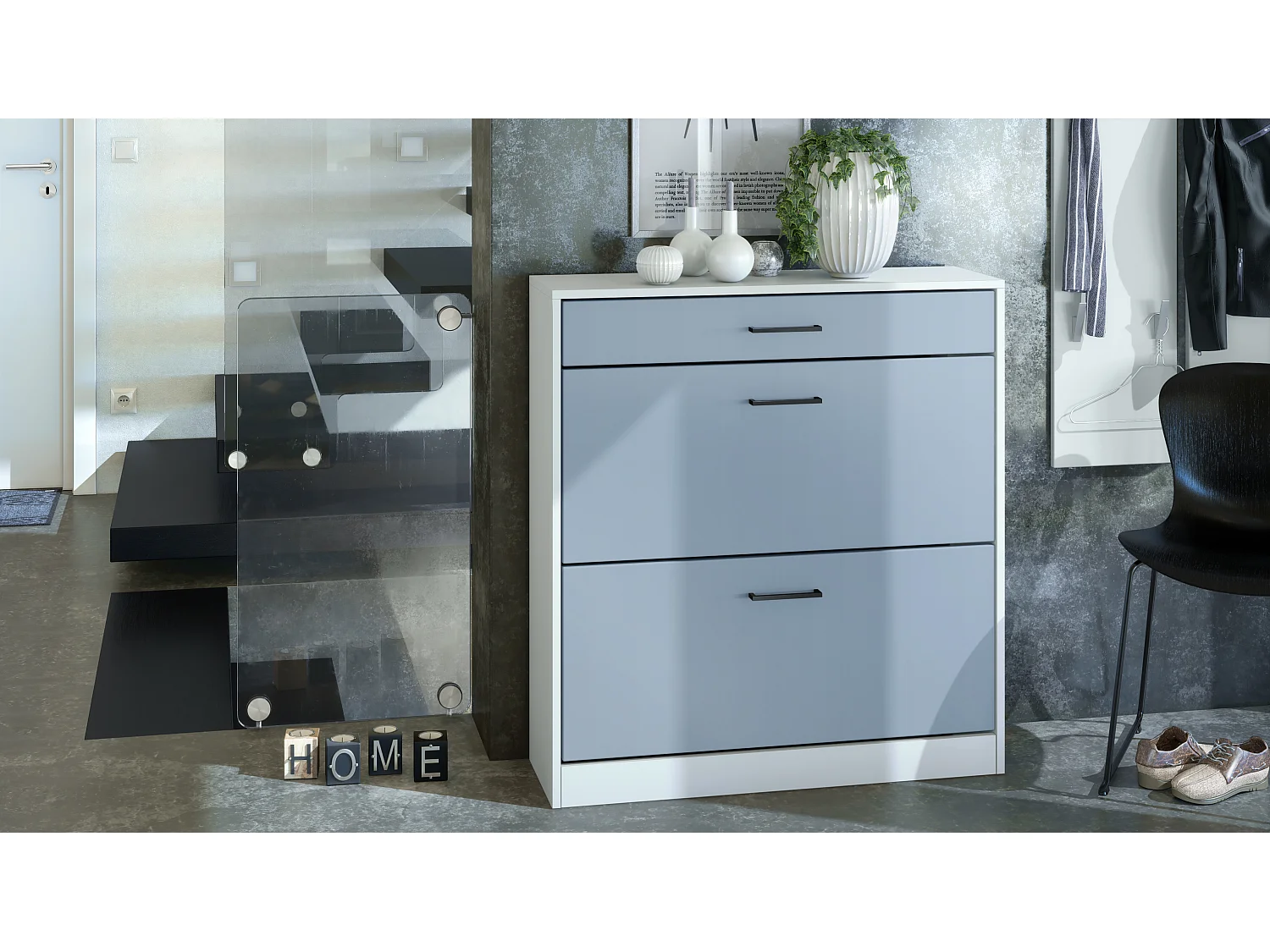 Mobiletto ribaltabile per scarpe Elvas 89 x 95,5 x 27 cm, Carcassa in bianco opaco, frontale in denim opaco | Molteplici opzioni di colore