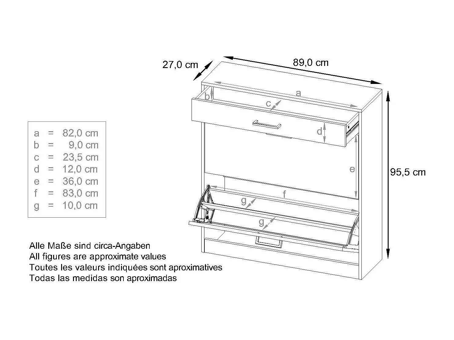 Mobiletto ribaltabile per scarpe Elvas 89 x 95,5 x 27 cm, Carcassa in bianco opaco, frontale in denim opaco | Molteplici opzioni di colore