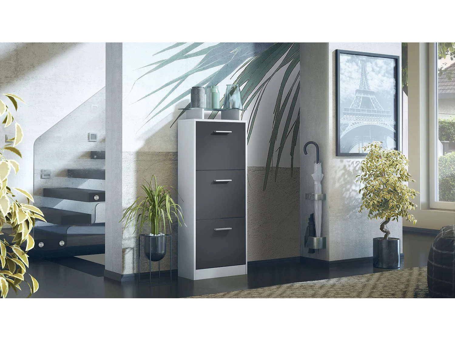 Vladon Scarpiera Lavia V2, Scarpiera per 12 Paia di Scarpe con 3 Ribalte e Mensola in Vetro, bianco opaco/nero opaco (46 x 128 x 23 cm)