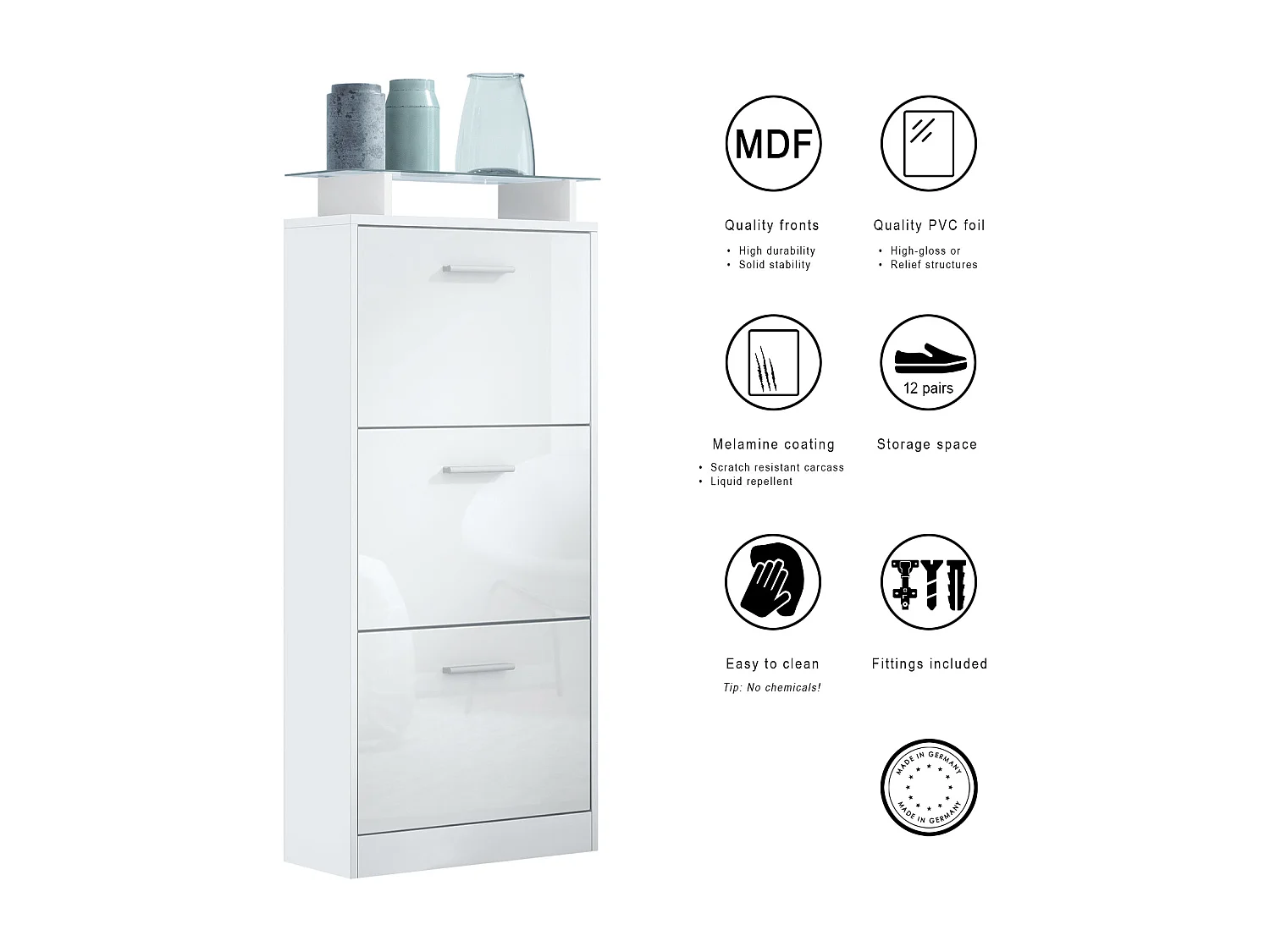 Vladon Scarpiera Lavia V2, Scarpiera per 12 Paia di Scarpe con 3 Ribalte e Mensola in Vetro, bianco opaco/nero opaco (46 x 128 x 23 cm)