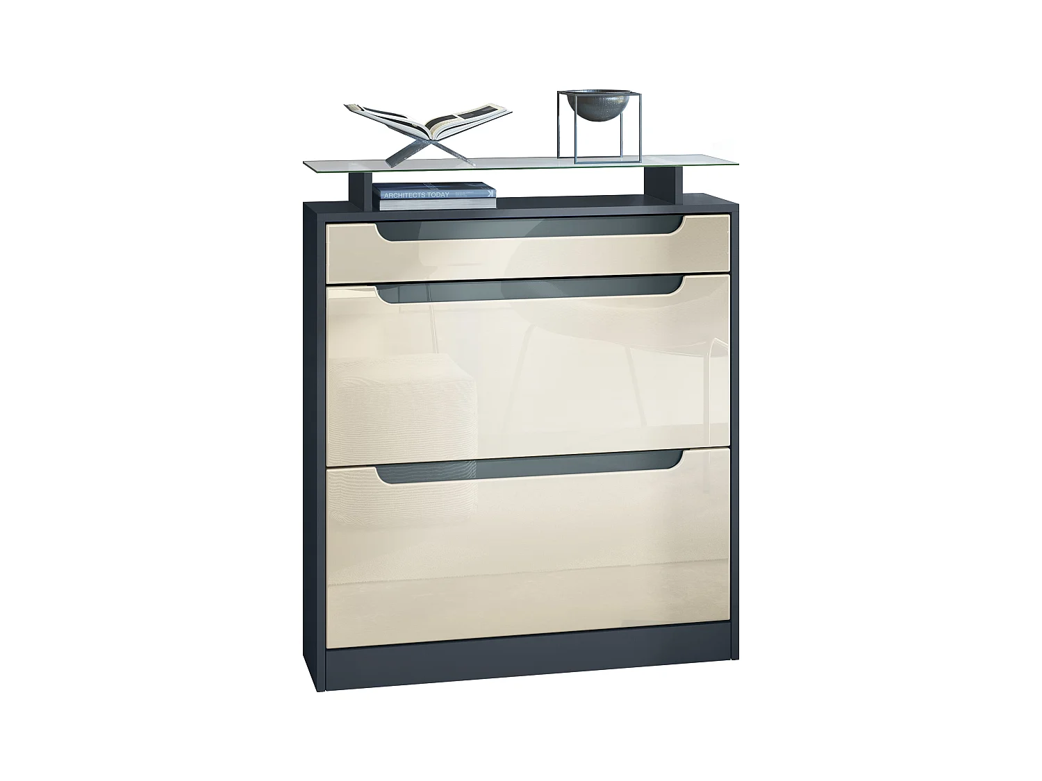 Meuble chaussure Fiesta pour 16 paires de chaussures avec clapets et tablette en verre, Anthracite mat/Crème brillant, poignées Gris brillant (89x104x23 cm)