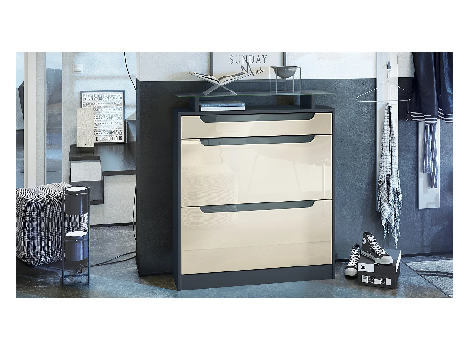 Meuble chaussure Fiesta pour 16 paires de chaussures avec clapets et tablette en verre, Anthracite mat/Crème brillant, poignées Gris brillant (89x104x23 cm)
