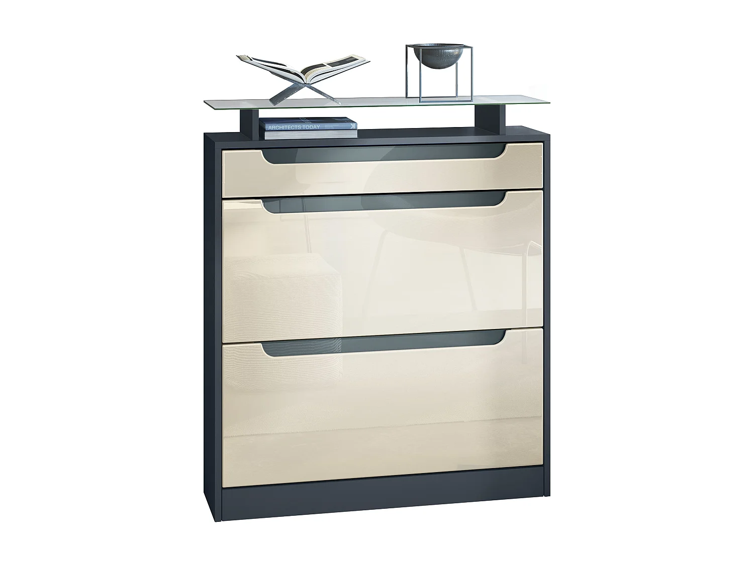 Scarpiera  Fiesta per 16 paia di scarpe con 2 ante a ribalta e ripiano in vetro, antracite/bianco lucido, maniglie incassate in grigio lucido (89 x 104 x 23 cm)