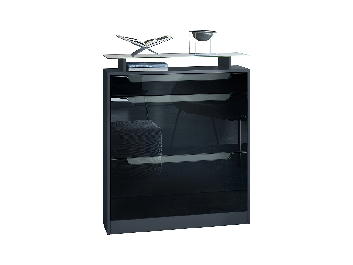 Scarpiera  Fiesta per 16 paia di scarpe con 2 ante a ribalta e ripiano in vetro, antracite/nero lucido, maniglie incassate in grigio lucido (89 x 104 x 23 cm)