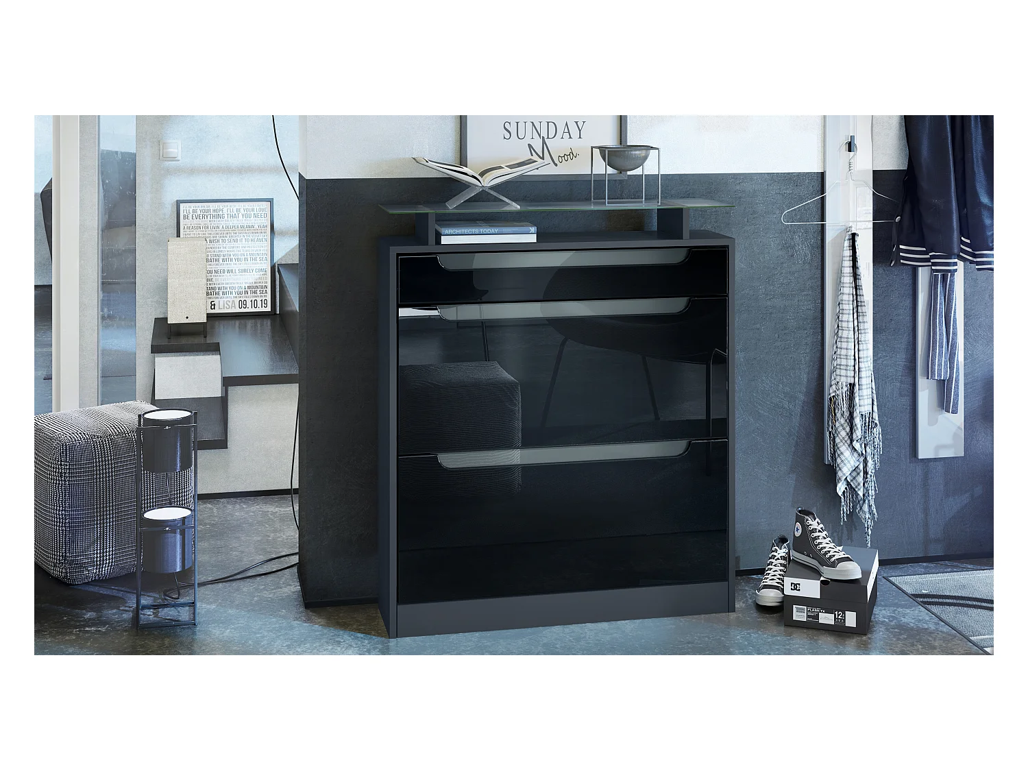 Scarpiera  Fiesta per 16 paia di scarpe con 2 ante a ribalta e ripiano in vetro, antracite/nero lucido, maniglie incassate in grigio lucido (89 x 104 x 23 cm)