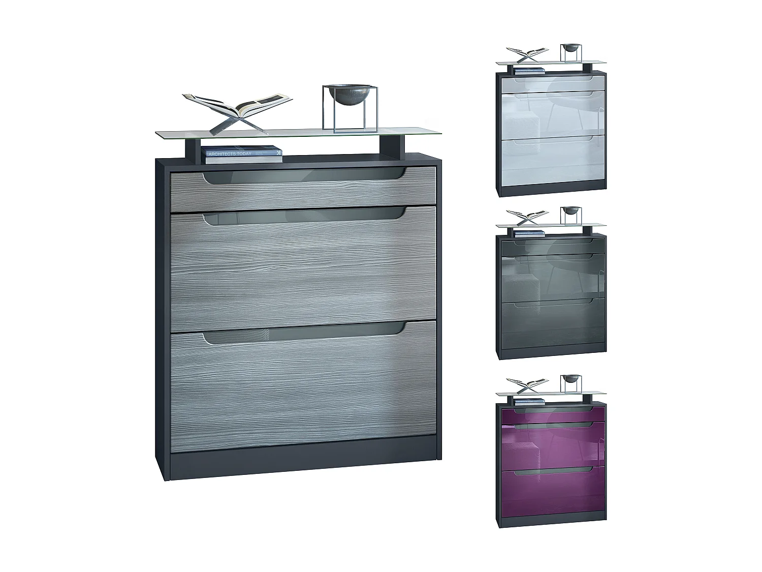 Scarpiera  Fiesta per 16 paia di scarpe con 2 ante a ribalta e ripiano in vetro, antracite/nero lucido, maniglie incassate in grigio lucido (89 x 104 x 23 cm)