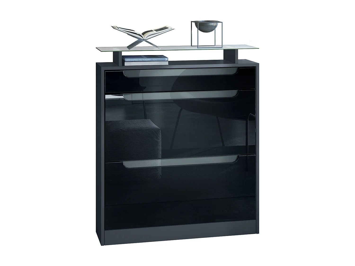 SCHUHSCHRANK Fiesta Fronten in Schwarz Hochglanz, Griffmulden in Grau Hochglanz